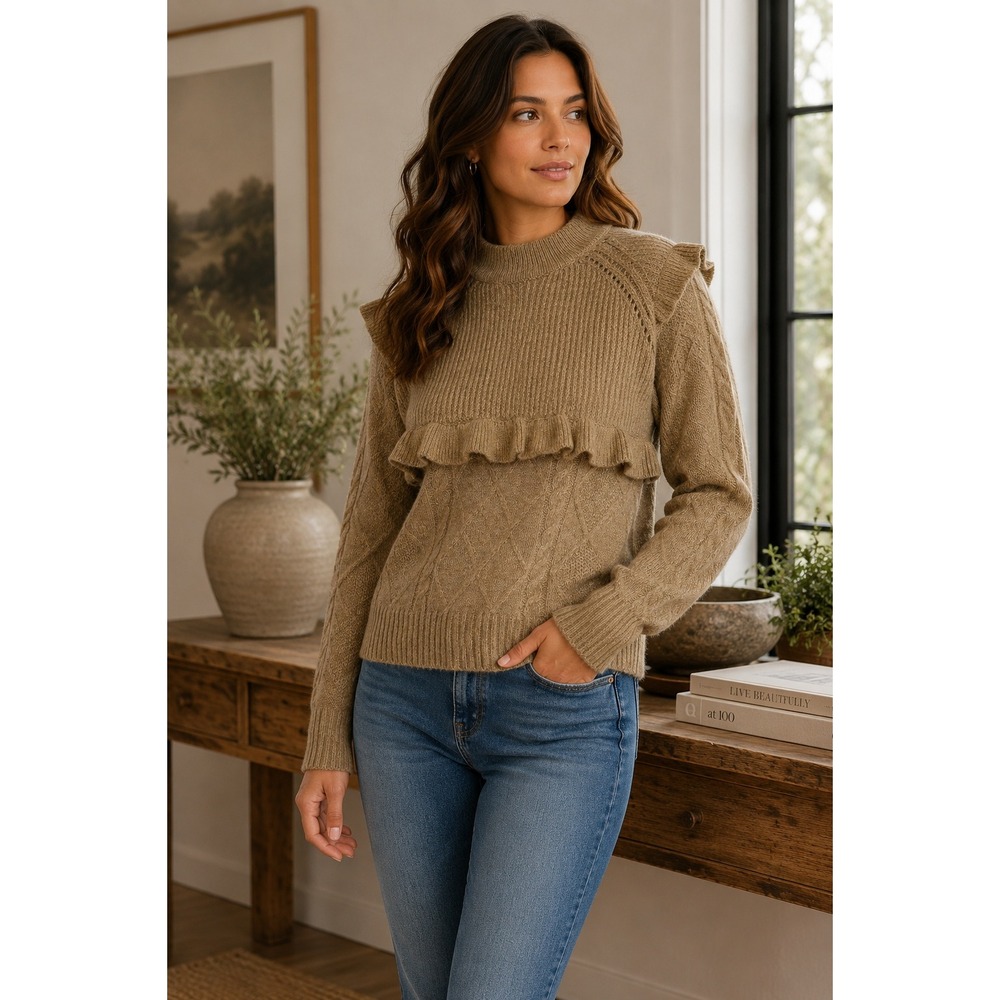 Vero Moda Sweater Women Small Brown Ruffle Cable Knit Cottagecore Boho Victorian